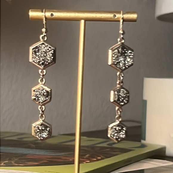 3 tier dangle earrings gold and black sparkle quartz rock octagon shaped 3” long - Picture 4 of 14